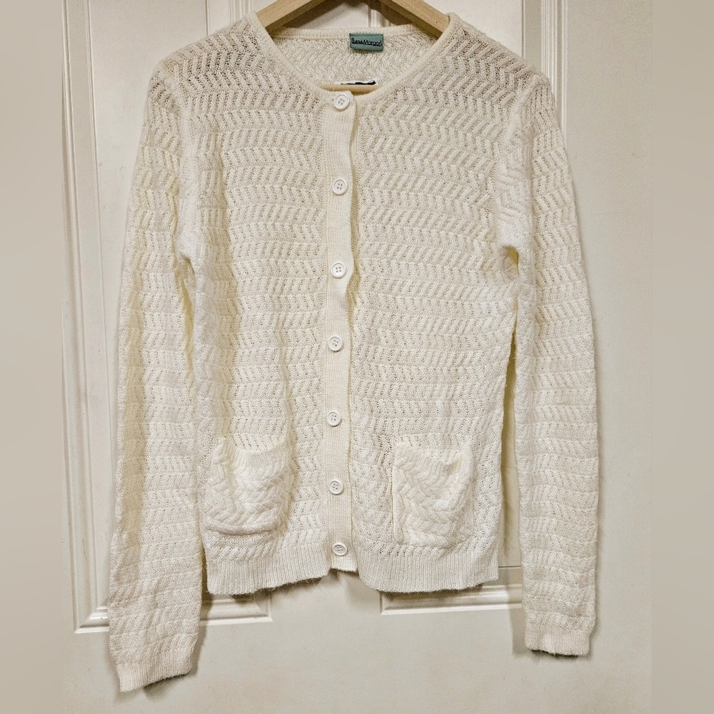 Sara Morgan white crochet knit coastal grandma Granny Cardigan sweater size S